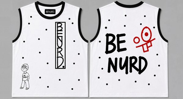 BENURD 민소매 티 완성 시안 앞뒤 — 흰 원단에 검정 배색과 BE NURD 레터링